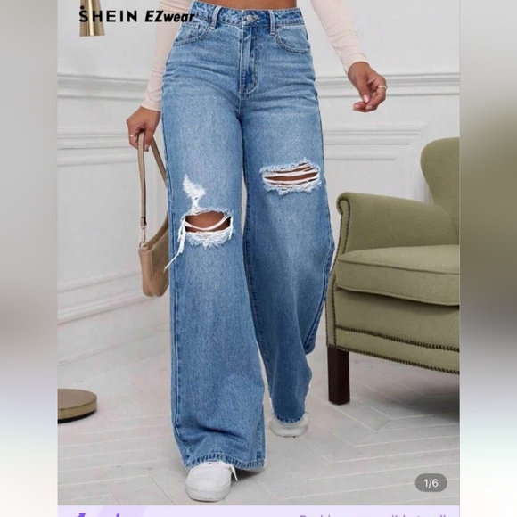 SHEIN Blue Distressed Wide Leg Jeans - Picture 5 of 5